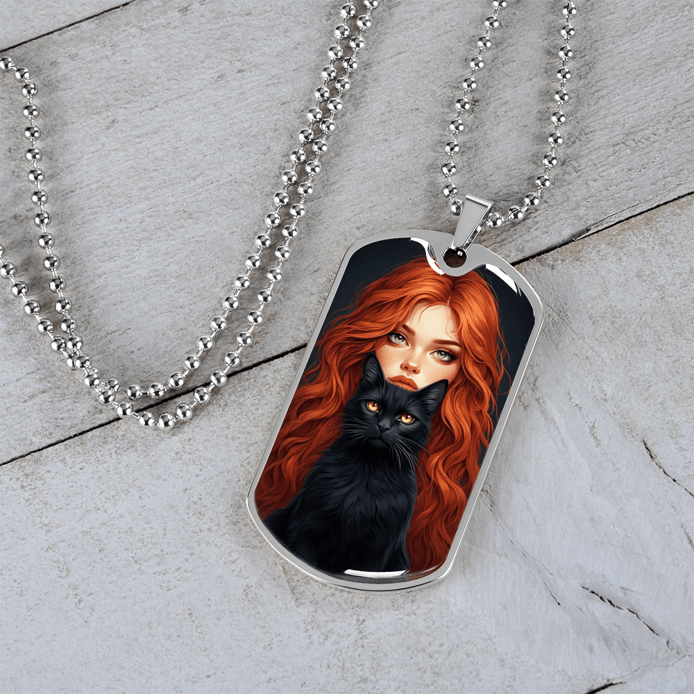 Red Haired Cat Lady Necklace - Unique Dog Tag Jewelry for Cat Lovers