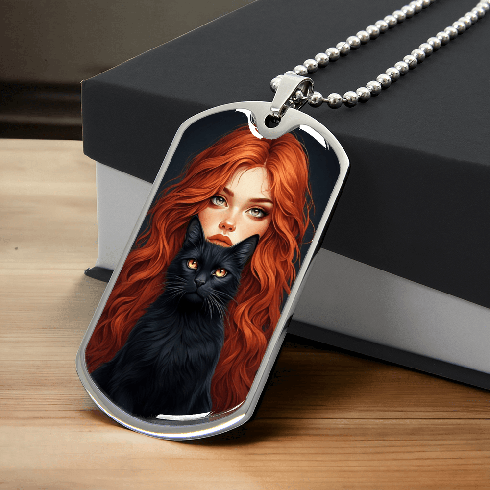 Red Haired Cat Lady Necklace - Unique Dog Tag Jewelry for Cat Lovers