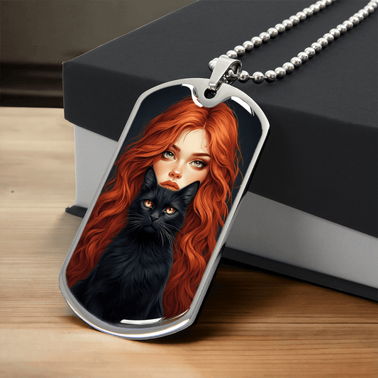Red Haired Cat Lady Necklace - Unique Dog Tag Jewelry for Cat Lovers