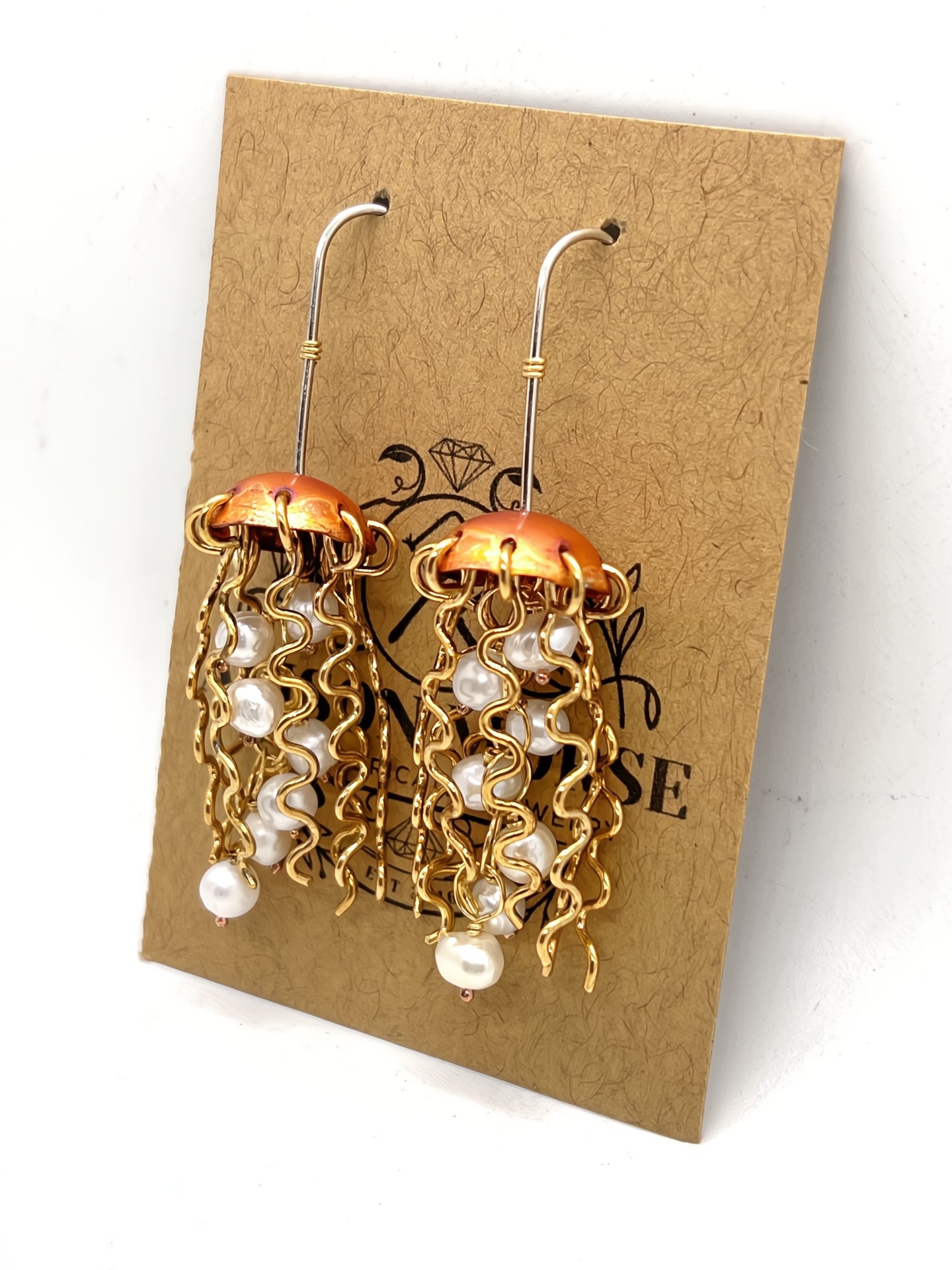 Red Copper Jellyfish Earrings with White Pearls and Sterling Silver Earwires