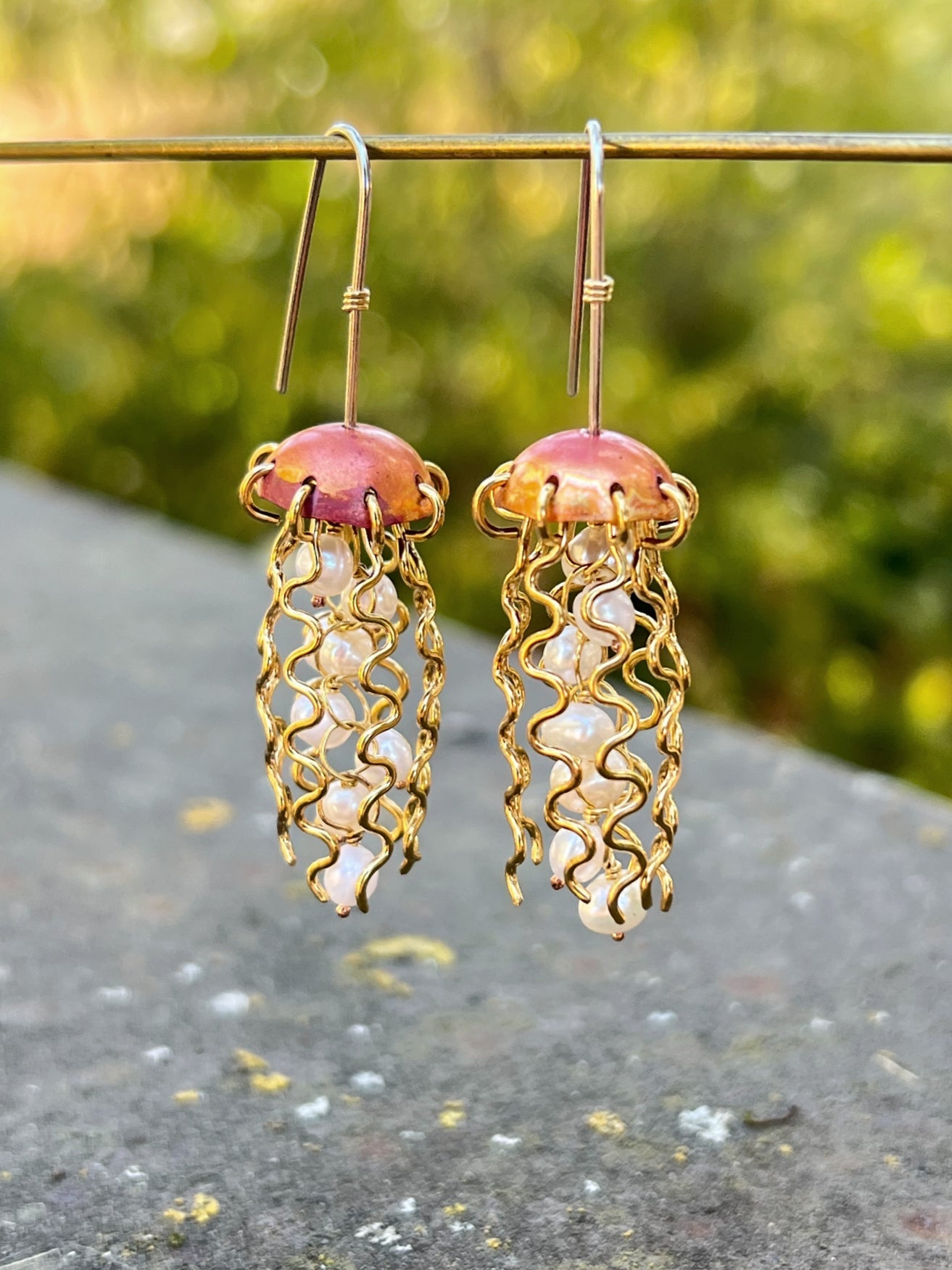 Red Copper Jellyfish Earrings with White Pearls and Sterling Silver Earwires