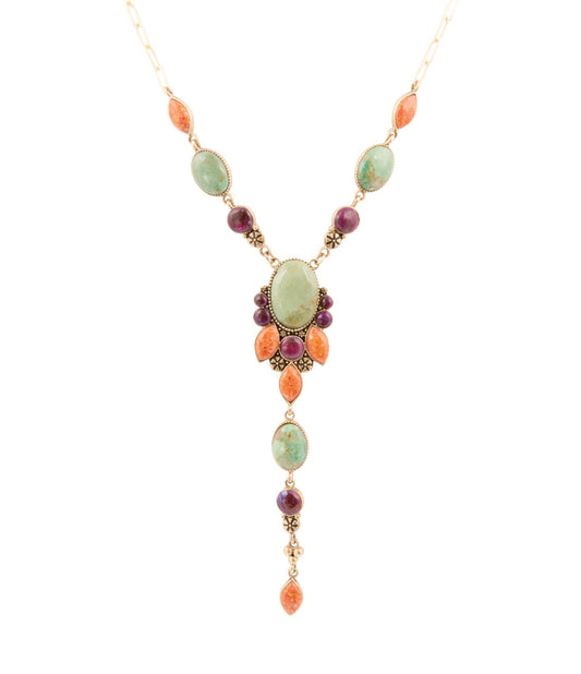 Regalia Blue Turquoise Purple and Orange Coral Golden Y Necklace