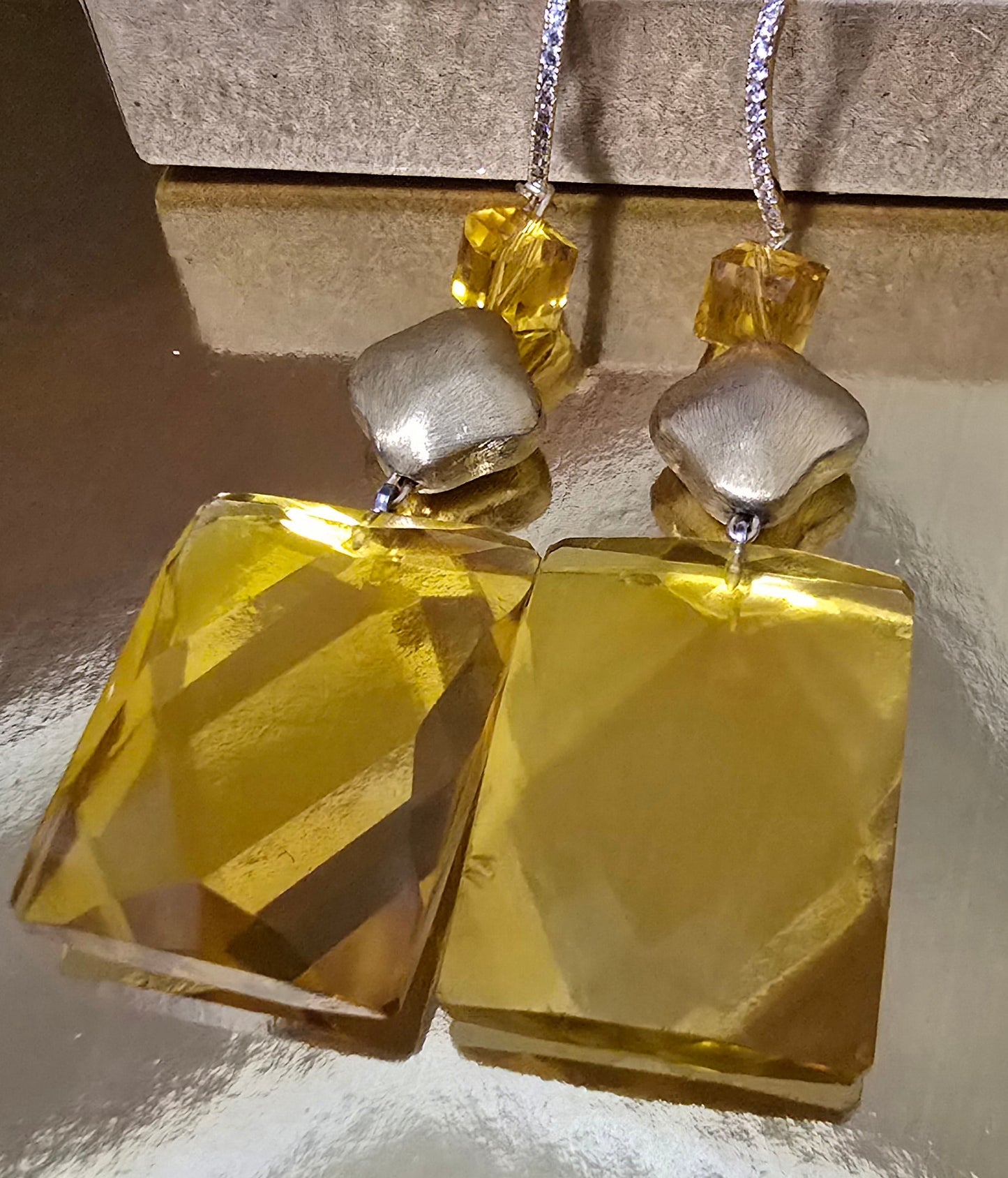 Natural Citrine and 14k Gold over  Silver Diamond Drop Earrings