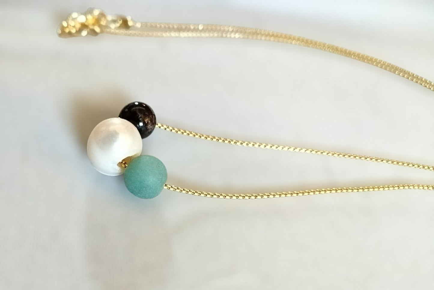Extrinsic Beauty Handcrafted Beaded Necklace with White Pearl, Amazonite, Garnet Stones on 18kGP Gold Chain, Modern Minimalist Style
