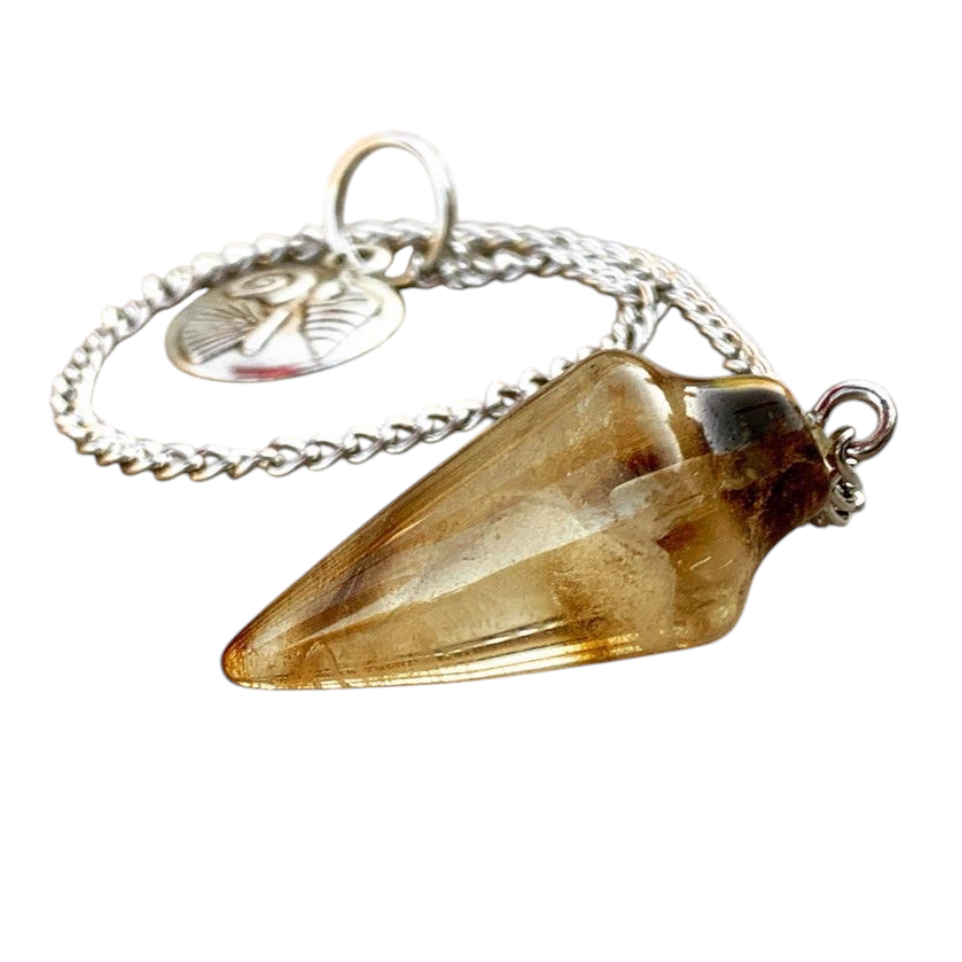 Natural Gemstone Smooth Conical Crystal Pendulum with Charm, Nickle Free Chain, Reiki Meditation Dowsing Tool (Smoky Quartz)