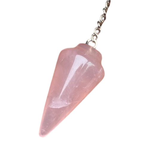 Natural Gemstone Smooth Conical Crystal Pendulum with Charm, Nickle Free Chain, Reiki Meditation Dowsing Tool (Rose Quartz)