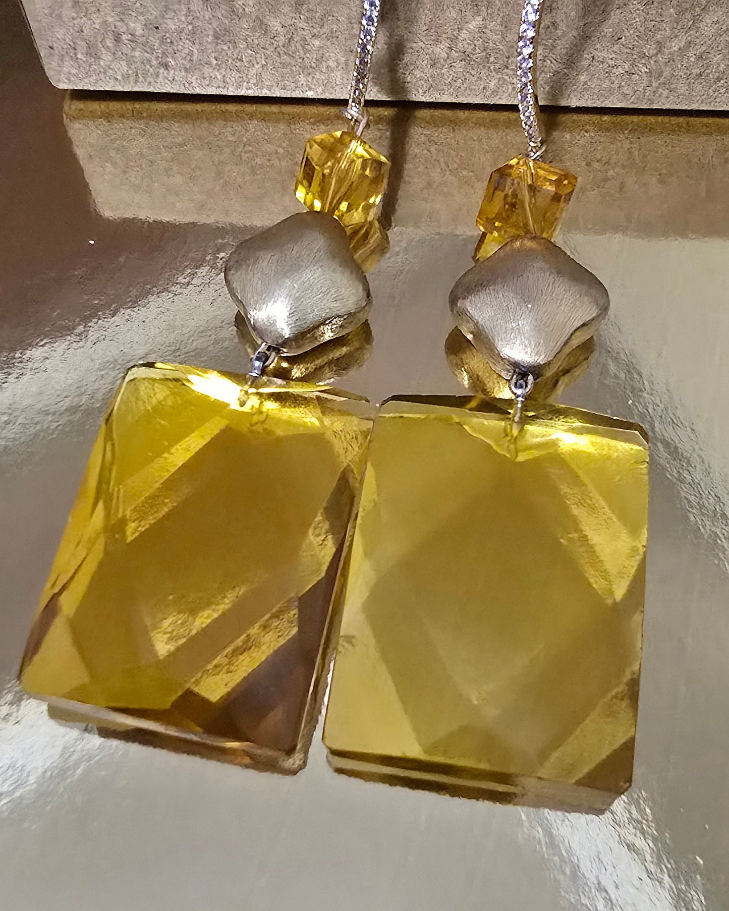 Natural Citrine and 14k Gold over  Silver Diamond Drop Earrings