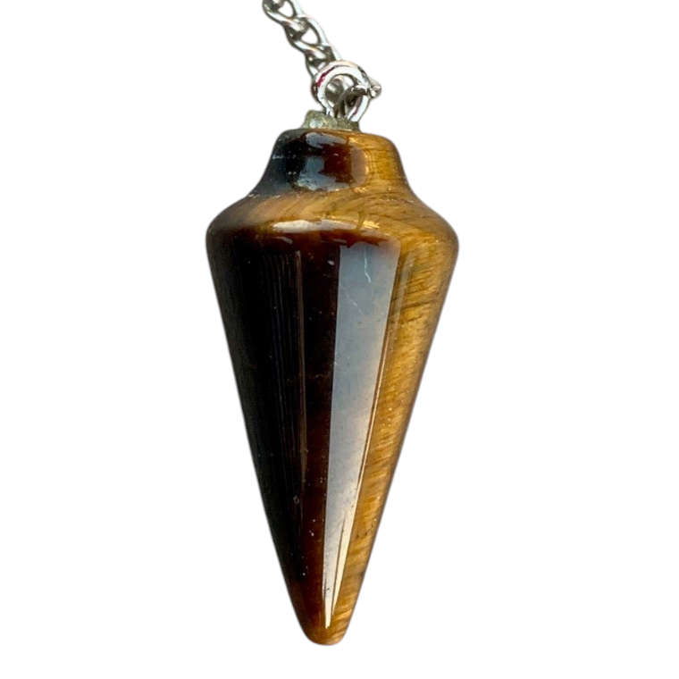 Natural Gemstone Smooth Conical Crystal Pendulum with Charm, Nickle Free Chain, Reiki Meditation Dowsing Tool (Tigers Eye)