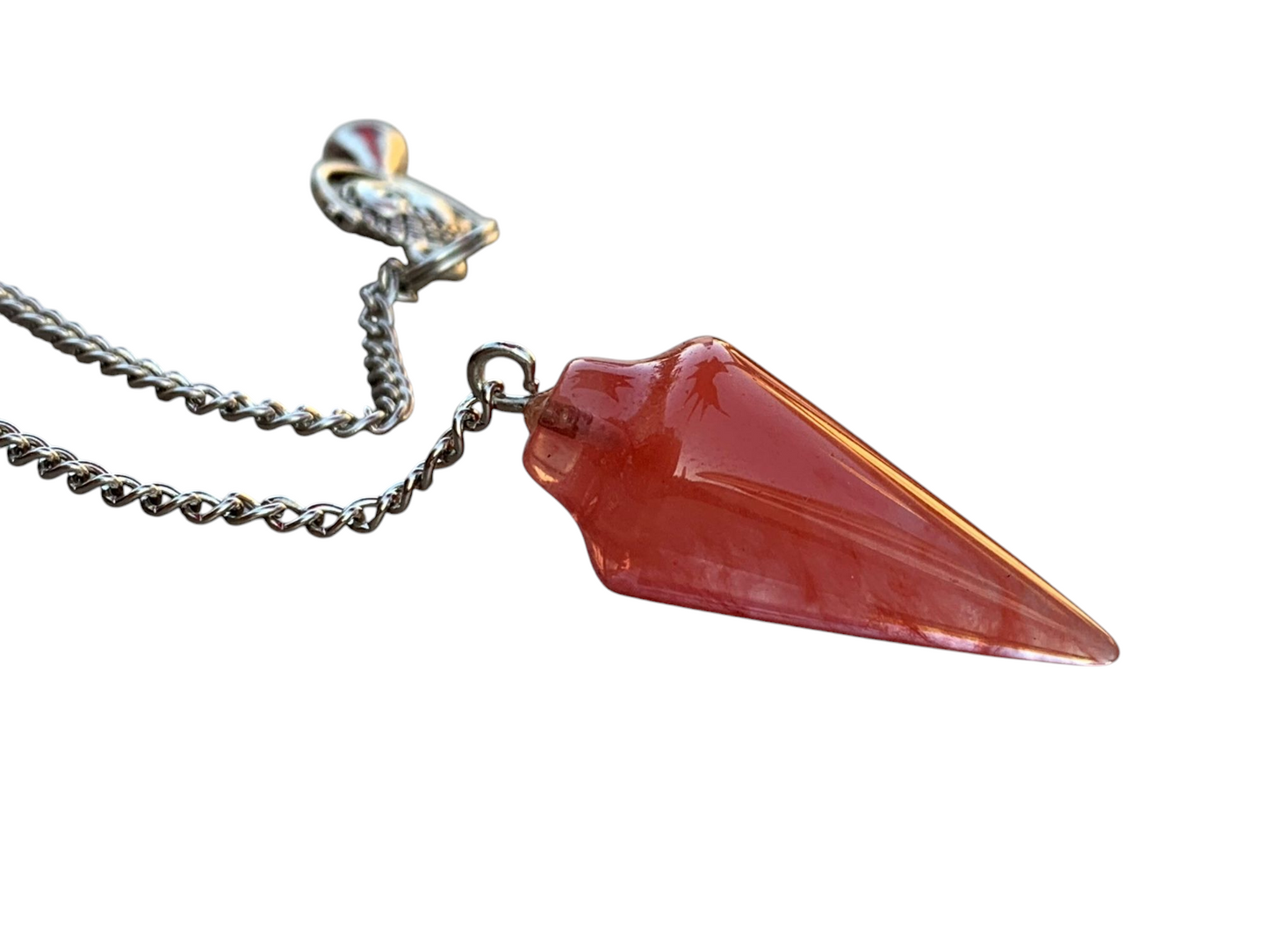 Extrinsic Beauty Gemstone Smooth Conical Crystal Pendulum with Charm, Nickle Free Chain, Reiki Meditation Dowsing Tool (Cherry Quartz)