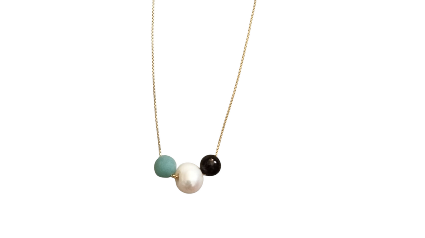 Extrinsic Beauty Handcrafted Beaded Necklace with White Pearl, Amazonite, Garnet Stones on 18kGP Gold Chain, Modern Minimalist Style