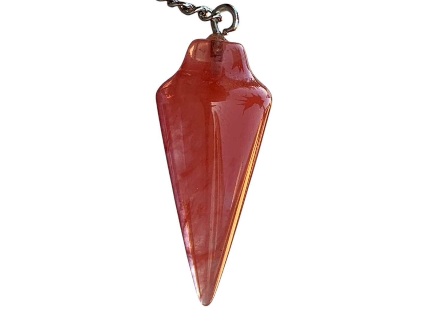 Extrinsic Beauty Gemstone Smooth Conical Crystal Pendulum with Charm, Nickle Free Chain, Reiki Meditation Dowsing Tool (Cherry Quartz)