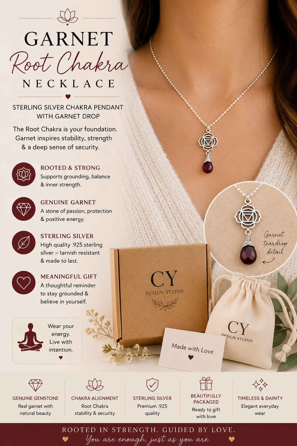 Garnet Root Chakra Necklace – Sterling Silver