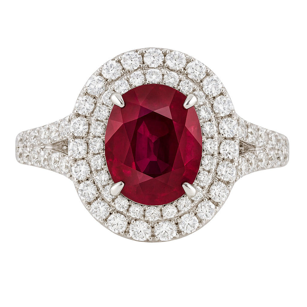 Handmade 18K White Gold Ruby Ring, Double Halo, 2.42ct
