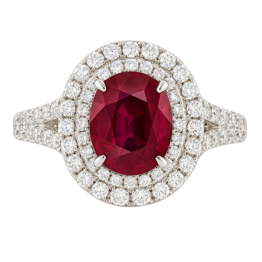 Handmade 18K White Gold Ruby Ring, Double Halo, 2.42ct