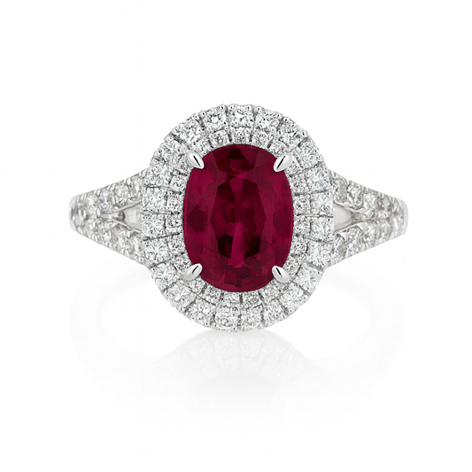 Handmade 18K White Gold Ruby Double Halo Ring, 1.14ct