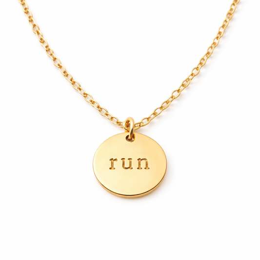 Hand Stamped “Run” Charm – 14k Gold Filled Disc Pendant – Fitness Jewelry for Runners