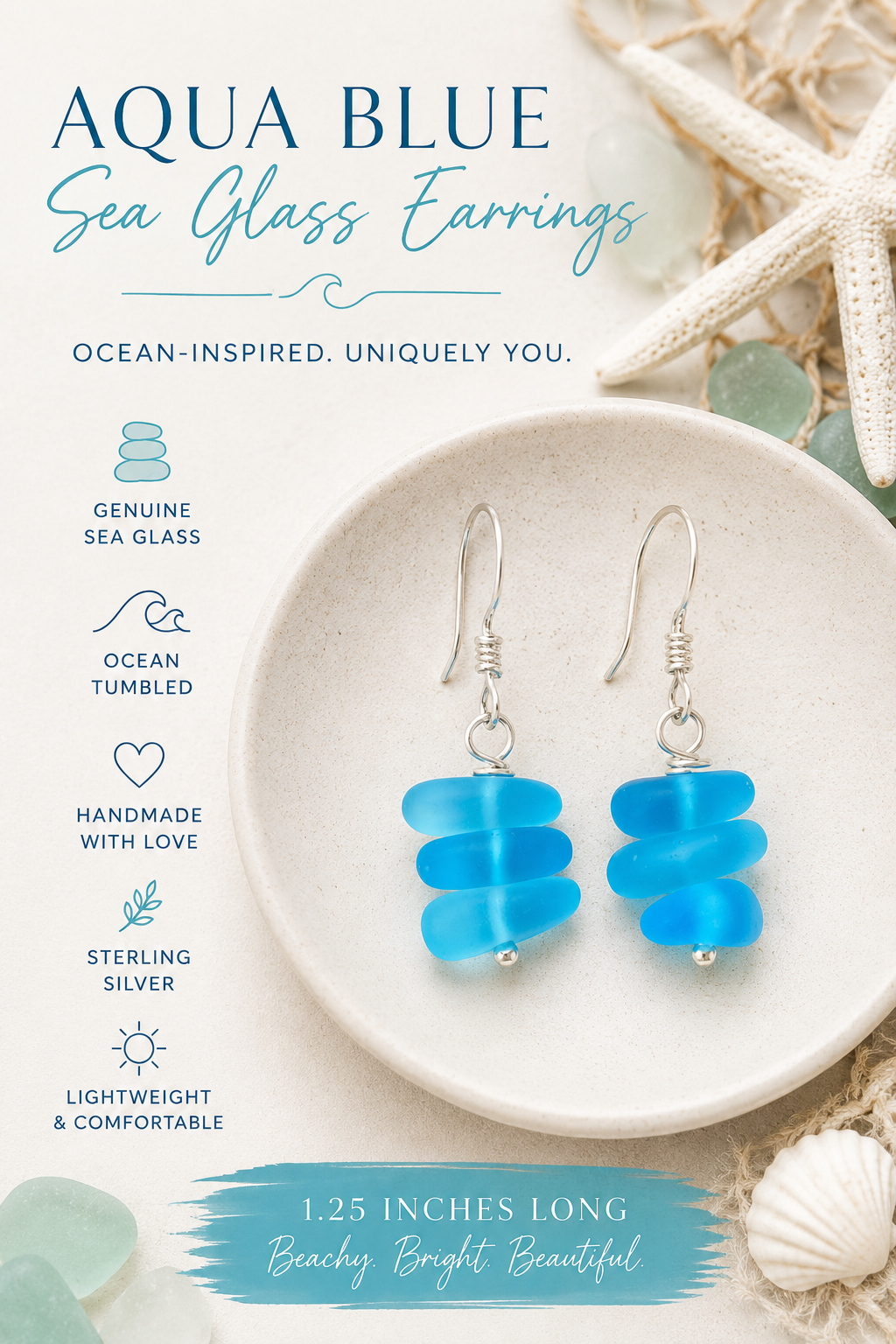 Aqua Blue Sea Glass Trio Stack Earrings – Sterling Silver