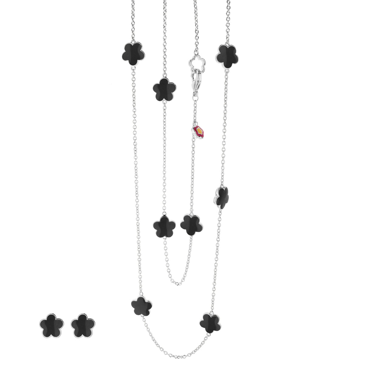 Black Enamel Daisy Love Necklace & Earrings Set