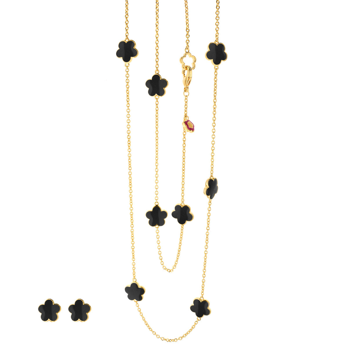 Black Enamel Daisy Love Necklace & Earrings Set