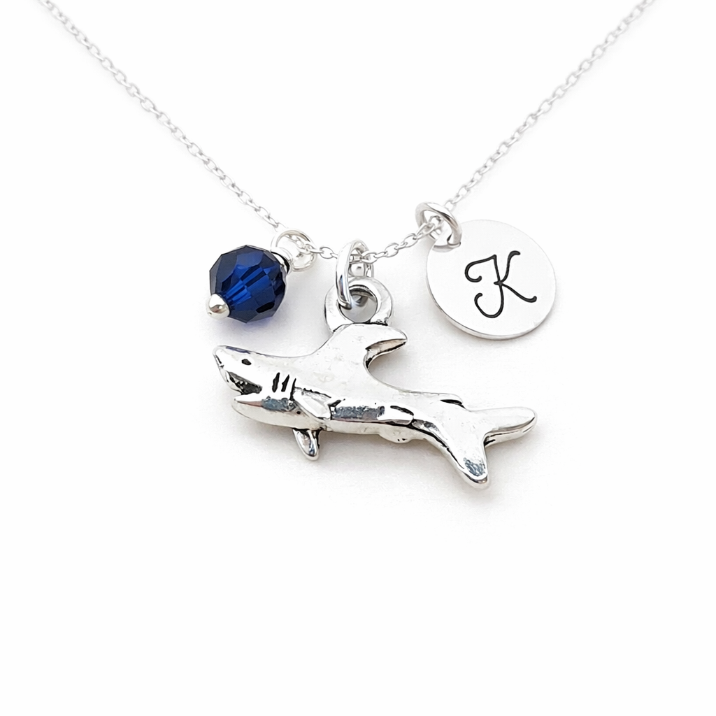 Shark Necklace – Sterling Silver with Birthstone & Initial Charm