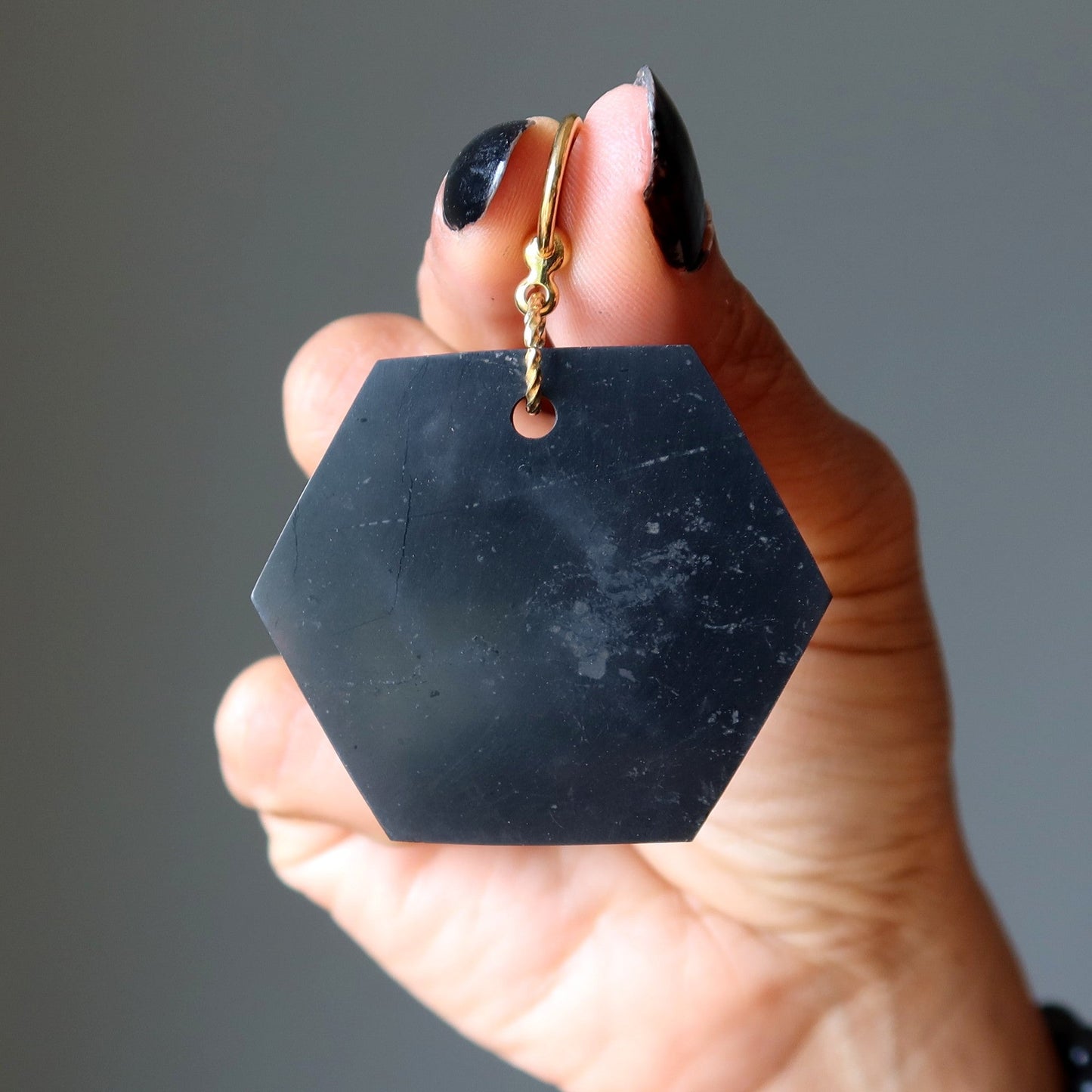 Shungite Pendant Stylish Security Stone Hexagon Gold