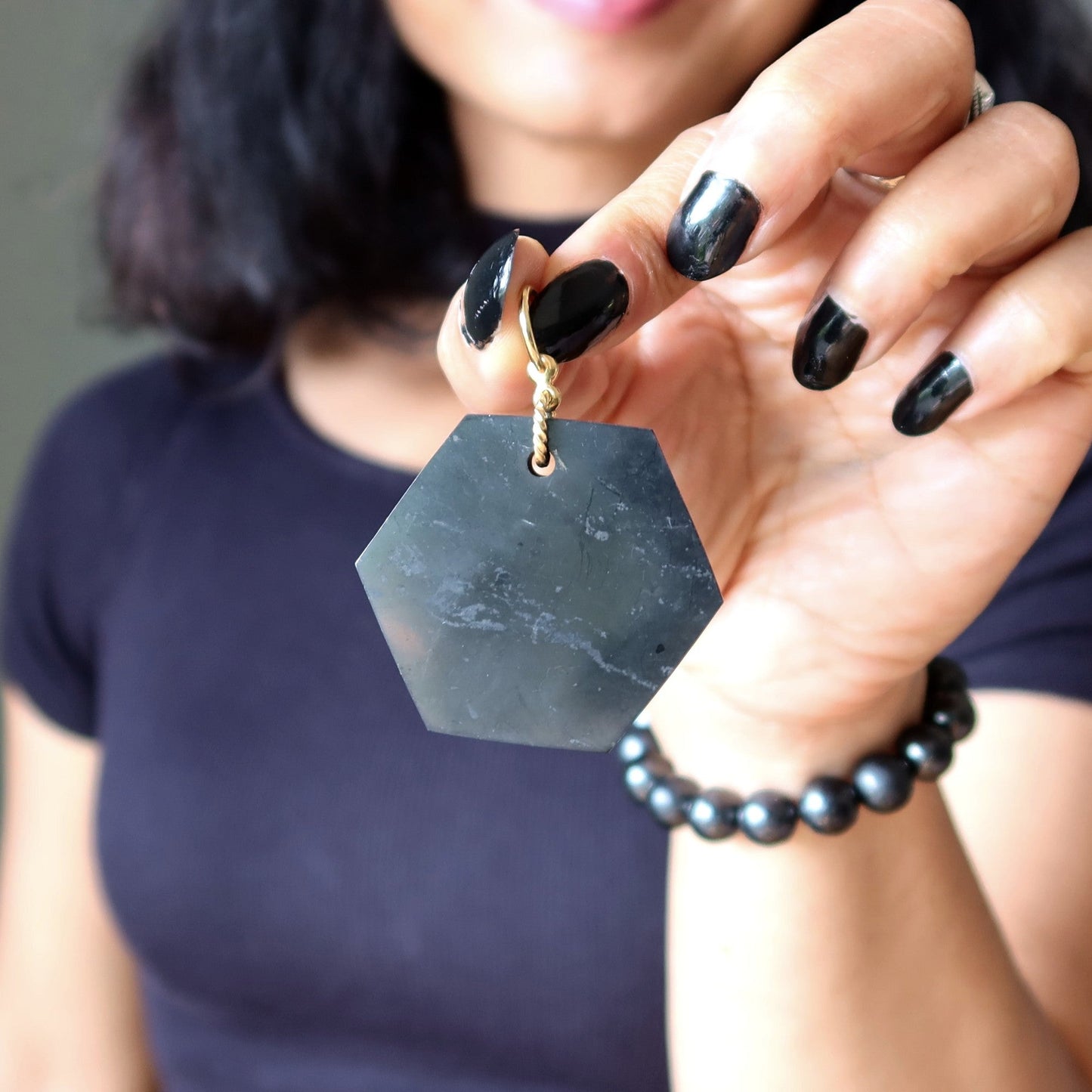 Shungite Pendant Stylish Security Stone Hexagon Gold