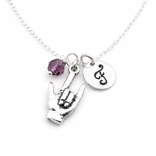 Personalized Sign Language “I Love You” Necklace – Sterling Silver Chain with Birthstone & Initial