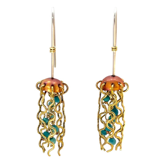 Mini Red Copper Jellyfish Earrings with Turquoise Beads and Hypoallergenic Niobium Earwires