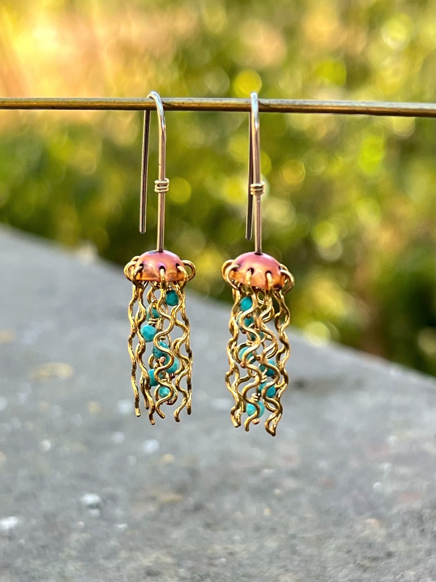 Mini Red Copper Jellyfish Earrings with Turquoise Beads and Sterling Silver Earwires