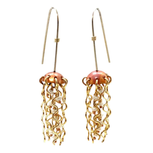Mini Red Copper Jellyfish Earrings with White Pearls and Hypoallergenic Niobium Earwires