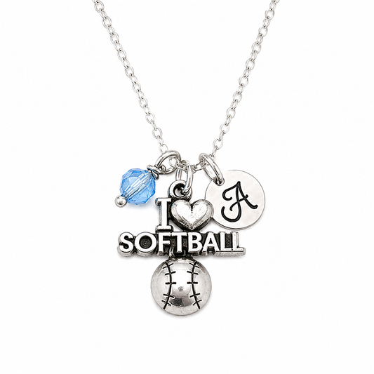 I Heart Softball Charm Necklace - Personalized Sterling Silver Jewelry