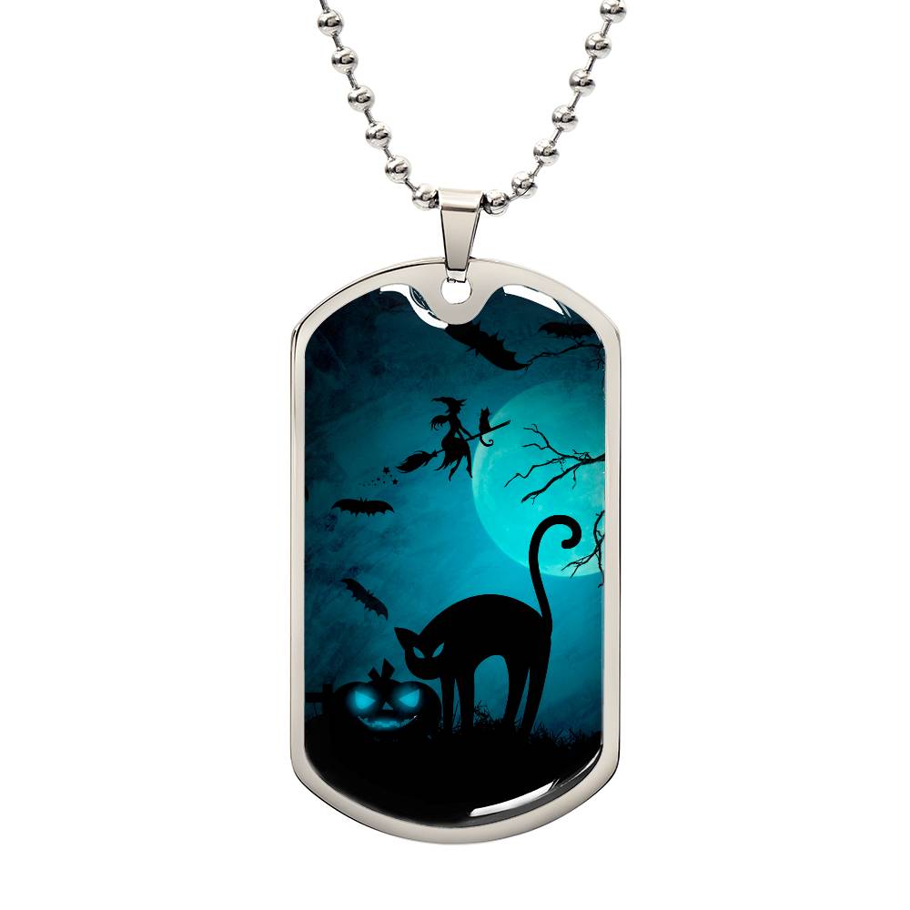 Spooky Cat Halloween Dog Tag Necklace
