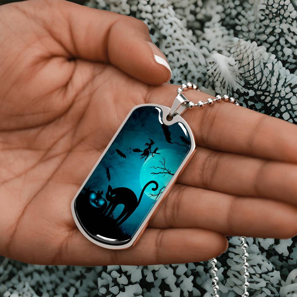 Spooky Cat Halloween Dog Tag Necklace