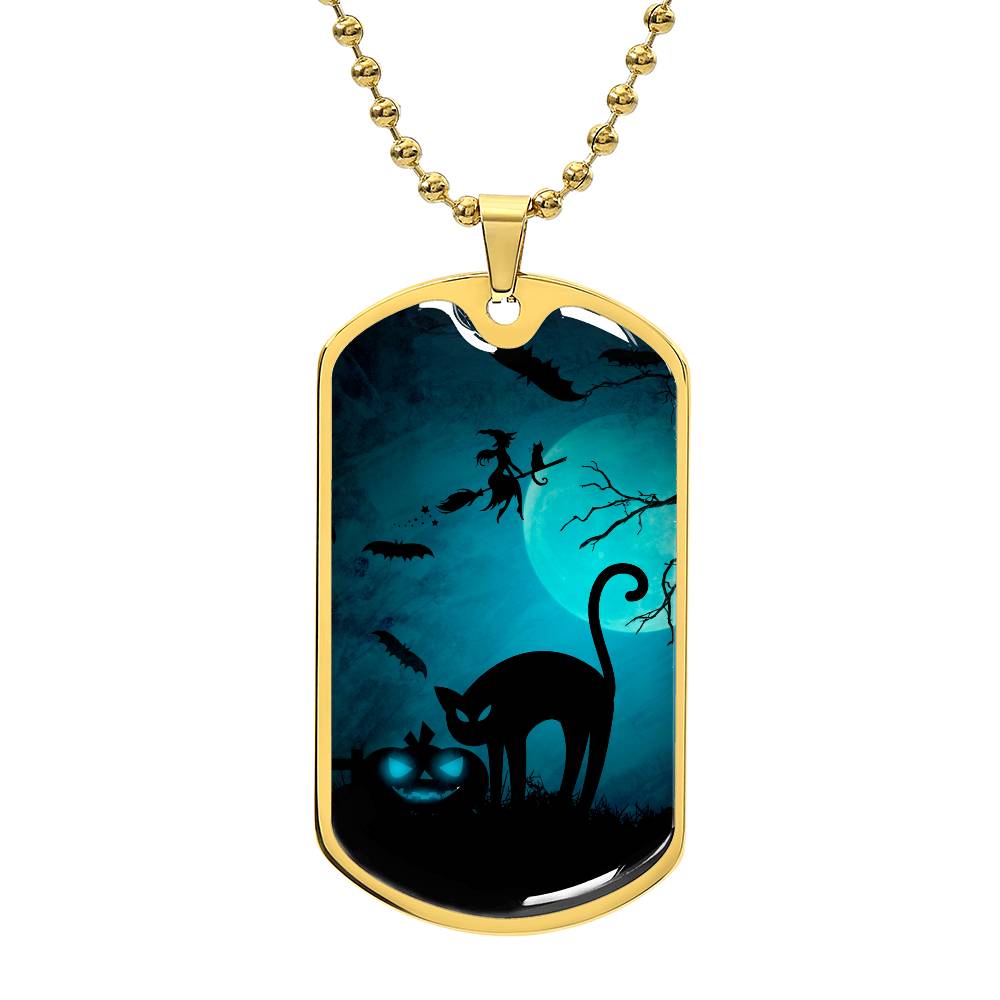 Spooky Cat Halloween Dog Tag Necklace