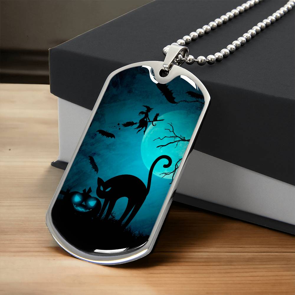 Spooky Cat Halloween Dog Tag Necklace