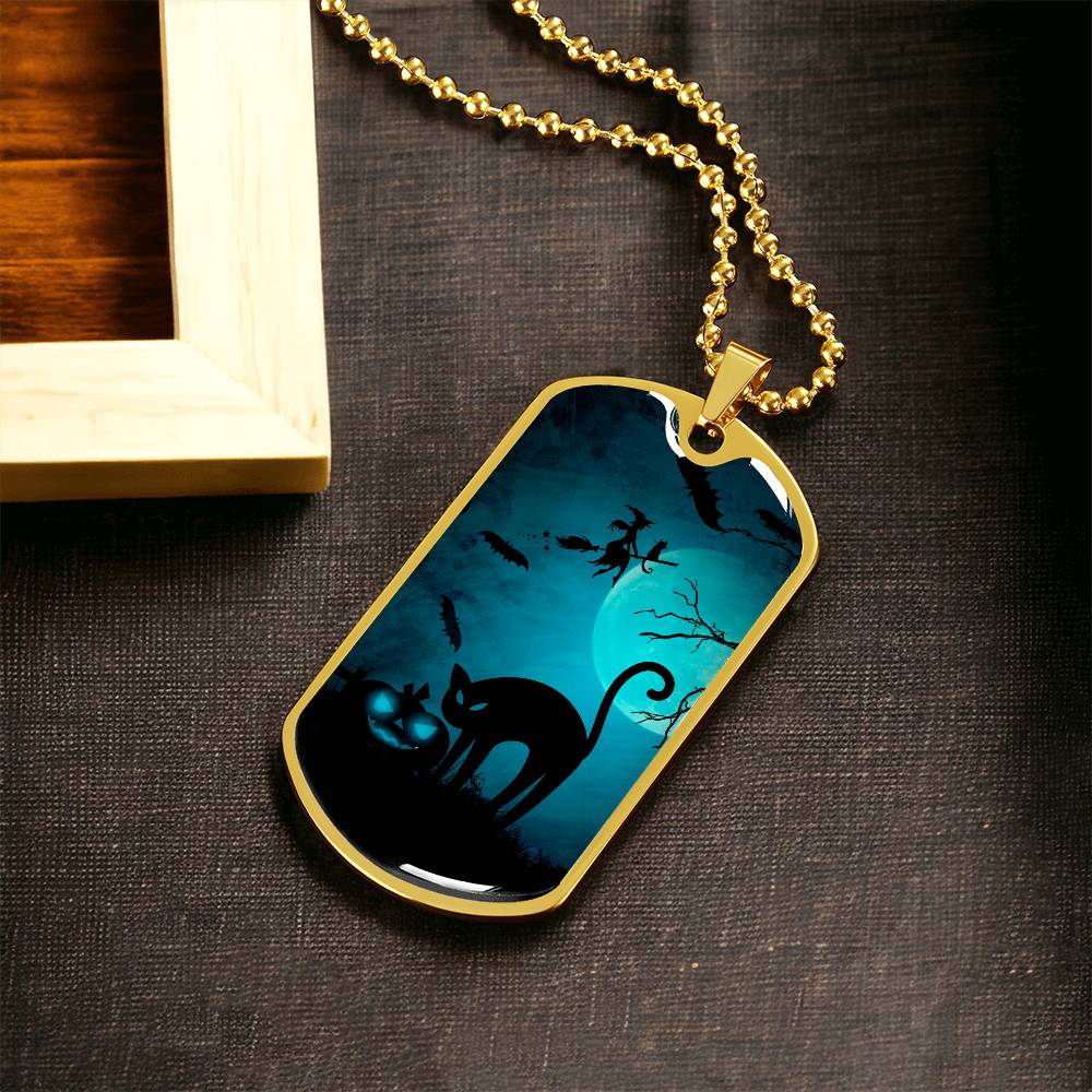 Spooky Cat Halloween Dog Tag Necklace