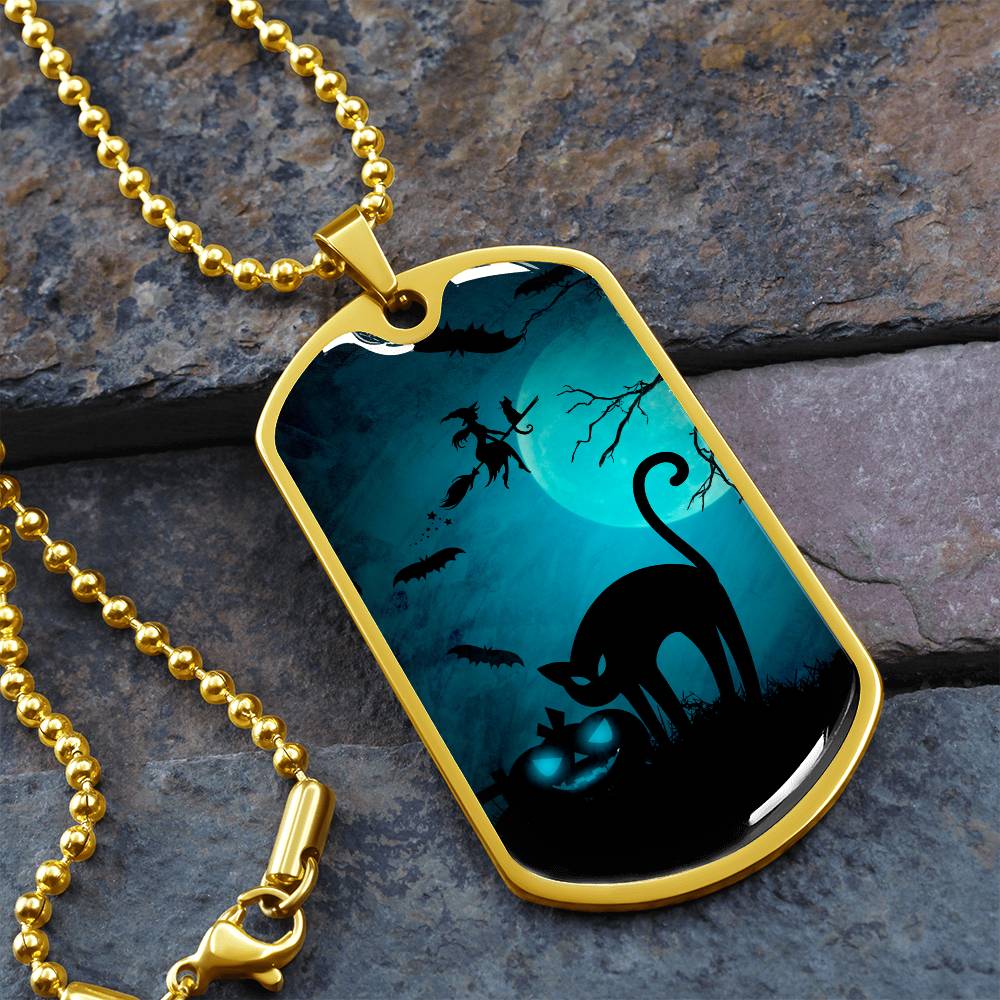 Spooky Cat Halloween Dog Tag Necklace