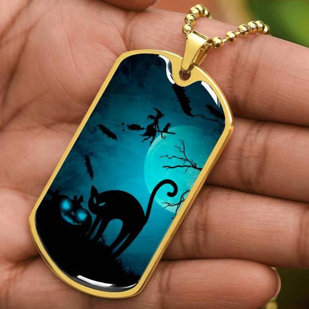 Spooky Cat Halloween Dog Tag Necklace