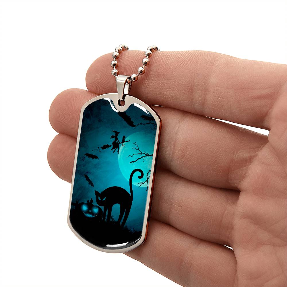 Spooky Cat Halloween Dog Tag Necklace