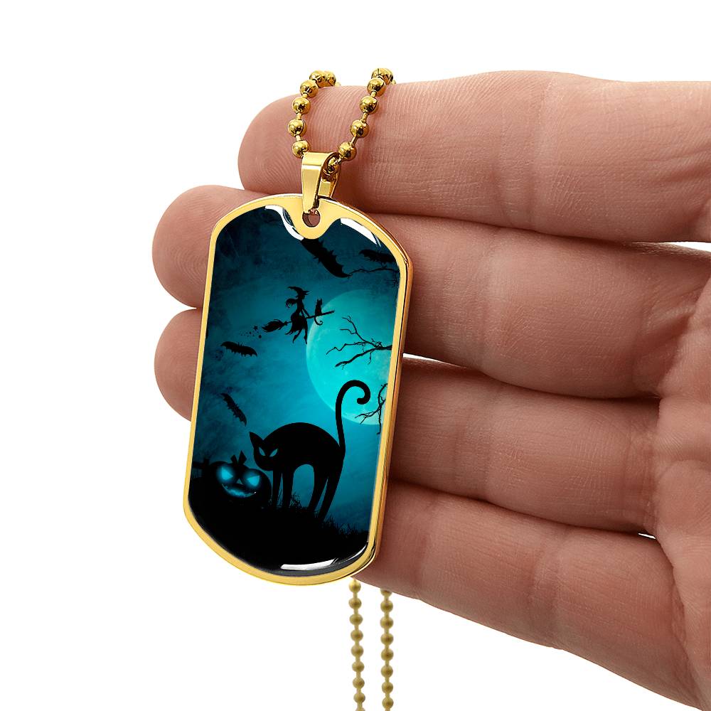 Spooky Cat Halloween Dog Tag Necklace