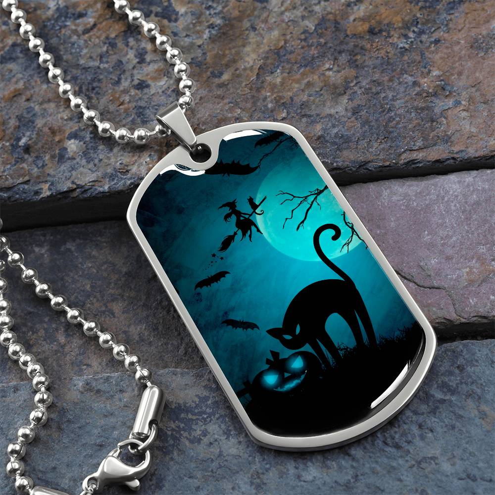 Spooky Cat Halloween Dog Tag Necklace