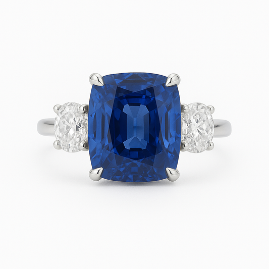 Handmade 18K White Gold Blue Sapphire 3 Stone Ring, 4ct