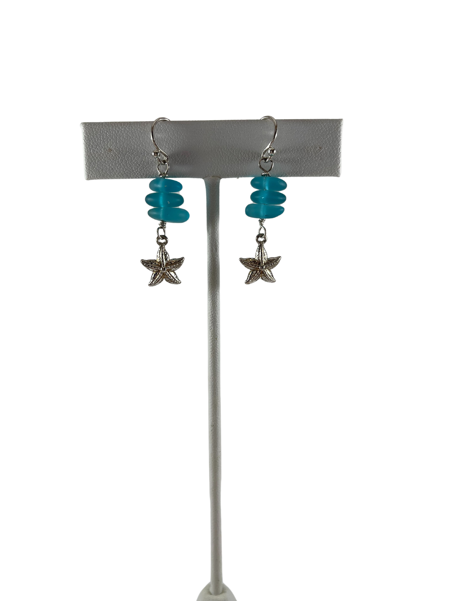 Blue Sea Glass Sterling Starfish Earrings