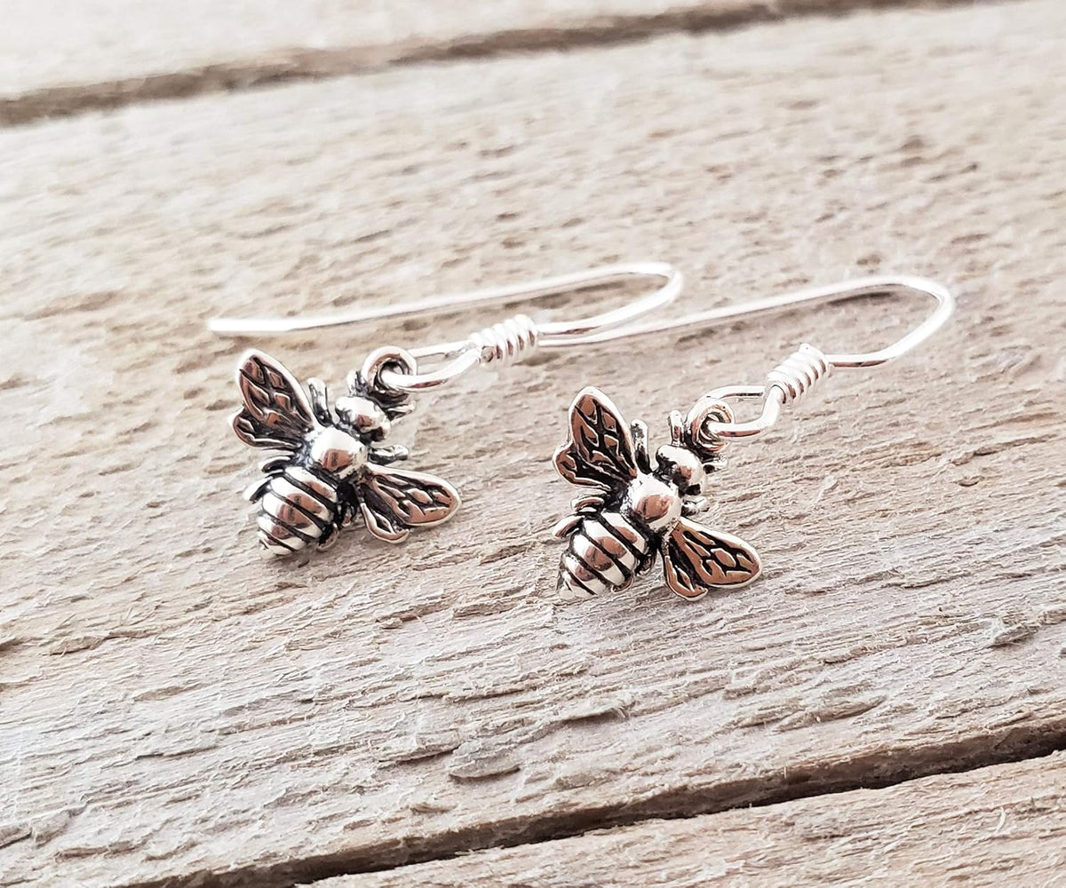 Sterling Silver Bee Dangle Earrings – Dainty Nature-Inspired Jewelry