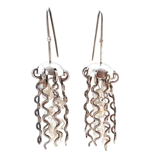 Sterling Silver Jellyfish Earrings with White Pearls and Hypoallergenic Niobium Earwires