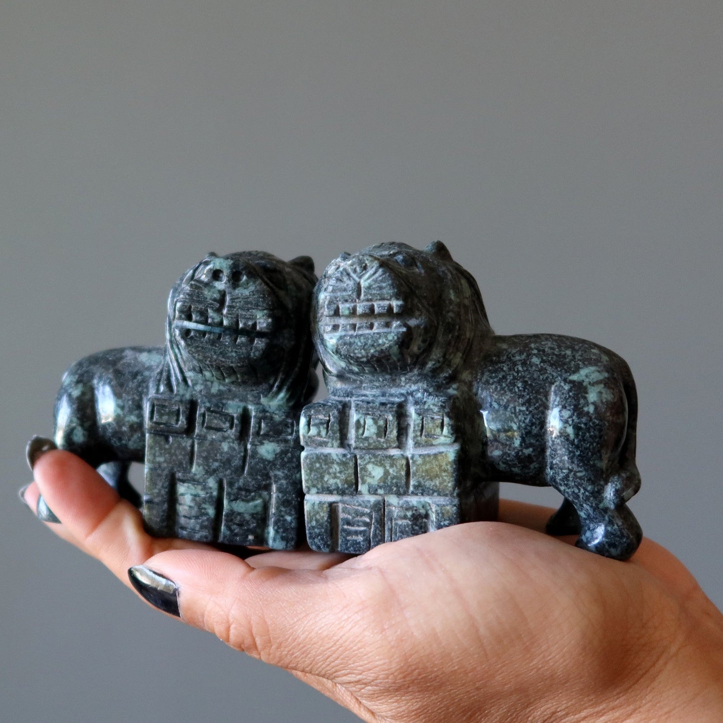 Stone Fu Dog Green Black Mythical Dragon Pair