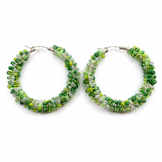 St. Patrick’s Inspired Green Beaded Hoop Earrings – Sterling Silver Wire Wrapped Seed Bead Hoops – 1.5 Inch Festive Statement Earrings