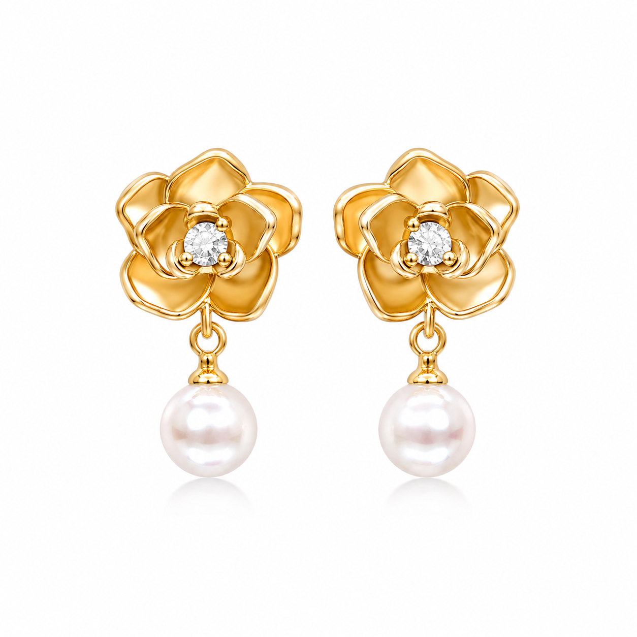 Limited Edition Floral Pearl Drop Earrings – 18K Gold Plated CZ Flower Studs
