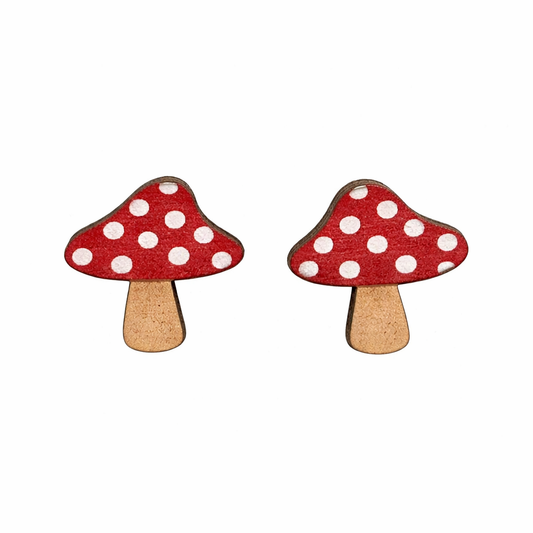 Wooden Mushroom Stud Earrings – Red Polka Dot Cottagecore Studs