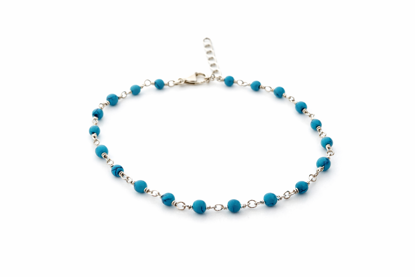 Delicate Turquoise Gemstone Wire Wrapped Bracelet – Sterling Silver Beaded Bracelet – Adjustable 7–8 Inch Handmade Jewelry